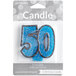 A package of blue Creative Converting "50" candles with blue glitter.