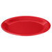 A red oval plate with a curved edge.