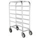 A Winholt stainless steel cart for six 10" platters with wheels.