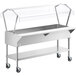 A stainless steel ice-cooled food table with a clear cover on wheels.