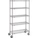 A Metro Super Erecta gray metal wire shelving unit with wheels.