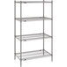 A Metro Super Erecta wire shelving unit with three gray metal shelves.