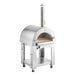A silver Backyard Pro stainless steel wood and liquid propane outdoor pizza oven on wheels with a shelf.