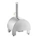 A stainless steel Backyard Pro wood-fired outdoor pizza oven with a wood handle.