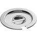 A stainless steel Choice Deluxe chafer cover with a hole in the center.