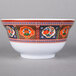 A close up of a Thunder Group Peacock melamine noodle bowl with a colorful design.