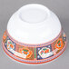 A white Thunder Group melamine noodle bowl with colorful peacock designs.