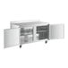 A stainless steel Avantco worktop refrigerator with shelves and open doors.