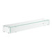 A glass sneeze guard shelf with a metal frame on a white background.