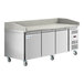 An Avantco stainless steel refrigerated pizza prep table with 3 doors and a stone top.