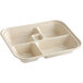 A white compostable fiber tray with five compartments.