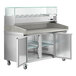 An Avantco stainless steel pizza prep table with glass doors on a stone top.