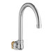 A silver Regency wall mount hand sink faucet with a gold handle and a 6" swivel gooseneck spout.