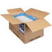 A cardboard box with a blue plastic bag of Barilla pre-cooked frozen elbow pasta inside.