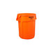 A Rubbermaid orange plastic trash can with a 32 gallon capacity.