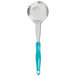 A Vollrath teal and metal perforated round Spoodle with a teal handle.