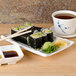 A Thunder Group Blue Bamboo rectangular melamine plate with sushi, chopsticks, and soy sauce.