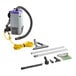 A ProTeam backpack vacuum with hose and tools.