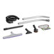 A ProTeam backpack vacuum with various accessories including a white and purple floor brush.