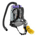 A ProTeam backpack vacuum with a hose.