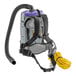 A grey and black ProTeam backpack vacuum with a hose attached.