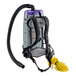 A grey ProTeam backpack vacuum with a hose attached.
