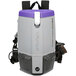 A ProTeam backpack vacuum cleaner with a purple top.