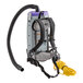 A ProTeam backpack vacuum with straps and a hose.