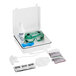 A white First Aid Only box with a plastic container holding green safety goggles and a blue glove.