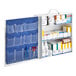 A white and blue First Aid Only 3-shelf cabinet filled with various first aid supplies.