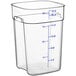 A clear plastic Cambro CamSquares food storage container with blue measurements.