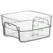 A clear rectangular Cambro food storage container with measurements on it.