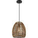 A Globe Modern Farmhouse Rattan Pendant Light with a woven shade and light bulb inside hanging in a restaurant.