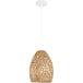 A white pendant light with a woven wicker shade.