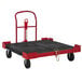A red and black Rubbermaid pallet cart.