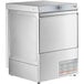 A silver Ecoline by Hobart undercounter dishwasher with a door open and a button on the front.