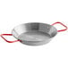 A silver Vigor carbon steel paella pan with red handles.