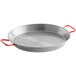 A silver 14" Vigor paella pan with red handles.