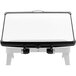 A rectangular glass lid with a black knob on a white background.