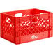 A red plastic Choice rectangular milk crate with handles.