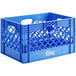 A blue plastic Choice rectangular milk crate with handles.