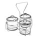 A white metal wire caddy with three clear plastic jars and lids.