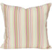 A white outdoor throw pillow with pink, green, and yellow stripes.