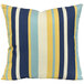 An Astella white throw pillow with blue and yellow stripes.