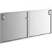 A stainless steel rectangular door with a metal handle.