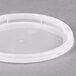A white plastic lid for a translucent round deli container.