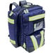 A navy blue backpack with yellow reflective stripes.