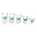 A row of New Roots clear PLA compostable plastic cups with a green logo and green text.