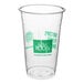 A clear plastic New Roots cold cup with green text.