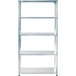 A galvanized metal shelving unit with five shelves.